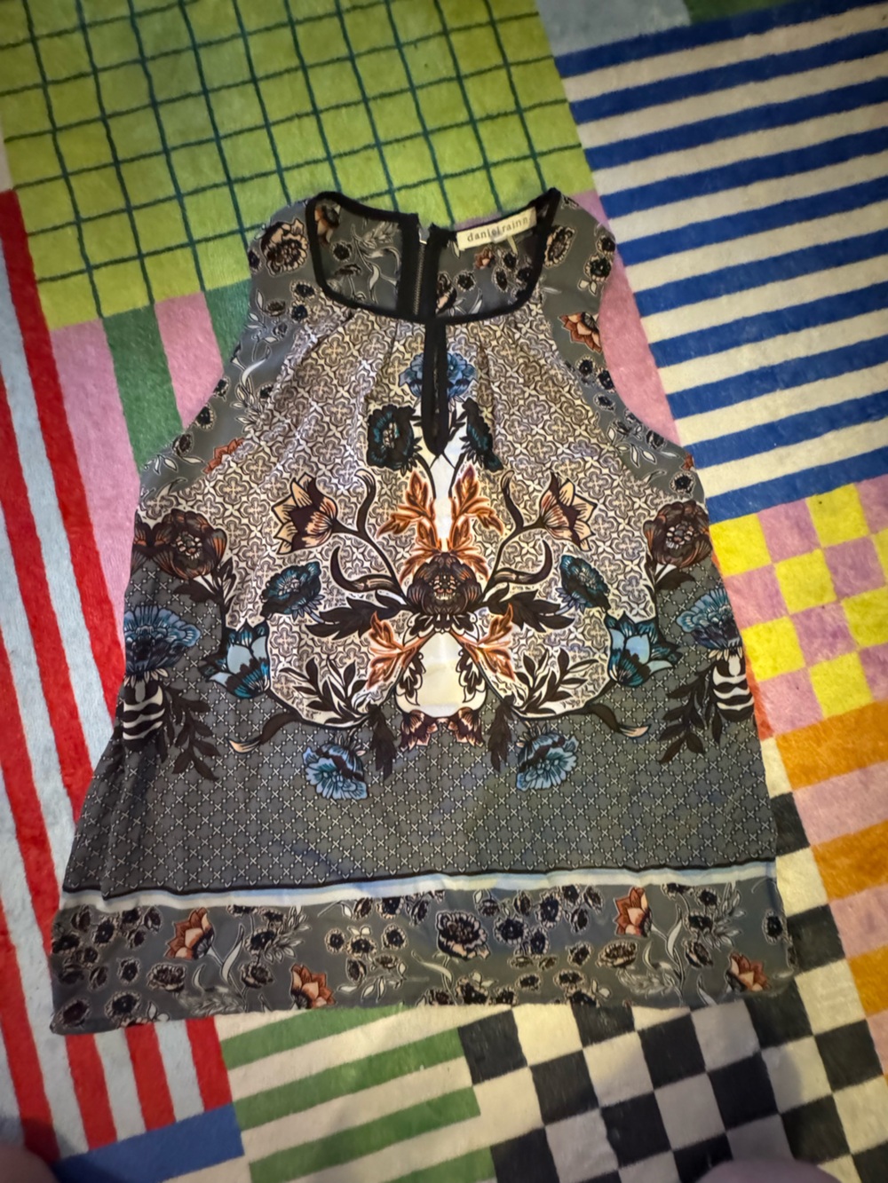 Daniel Rainn Grey Tunic with Blue and Tan Floral Motif